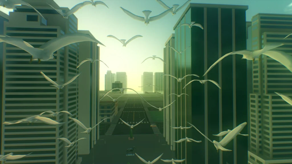 I gabbiani volano davanti ai grattacieli nel gioco "Everything" di Double Fine Productions